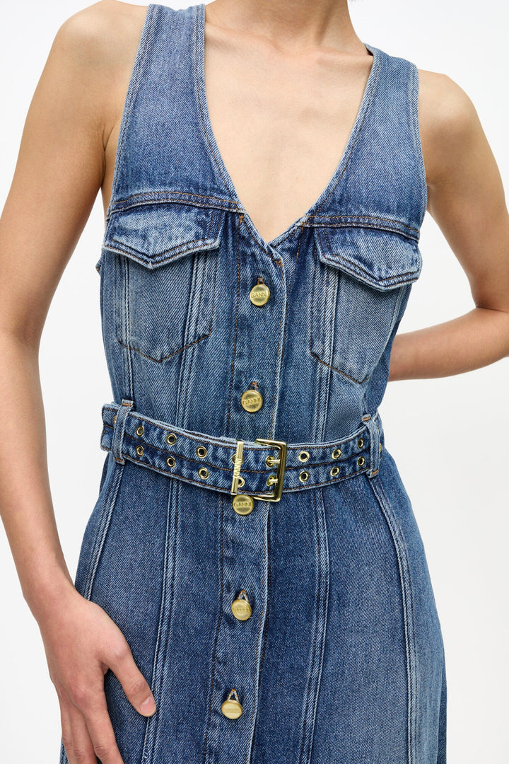 GANNI Light Denim Belt Midi Dress - Dale