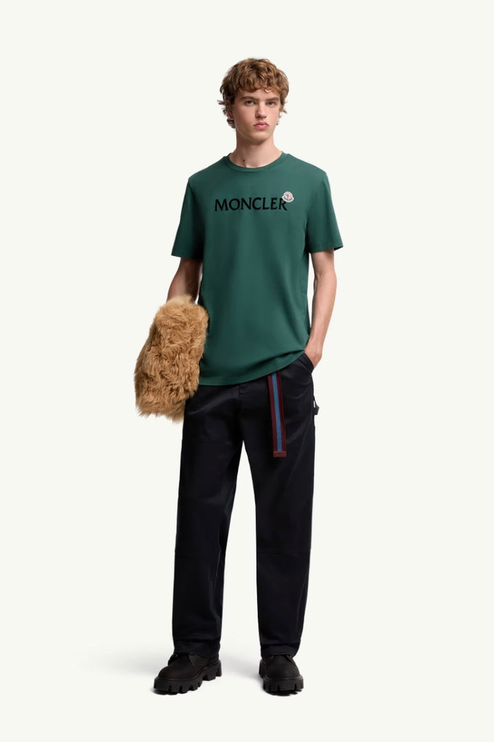 MONCLER Flocked Logo Cotton T-Shirt Medium Green - Dale