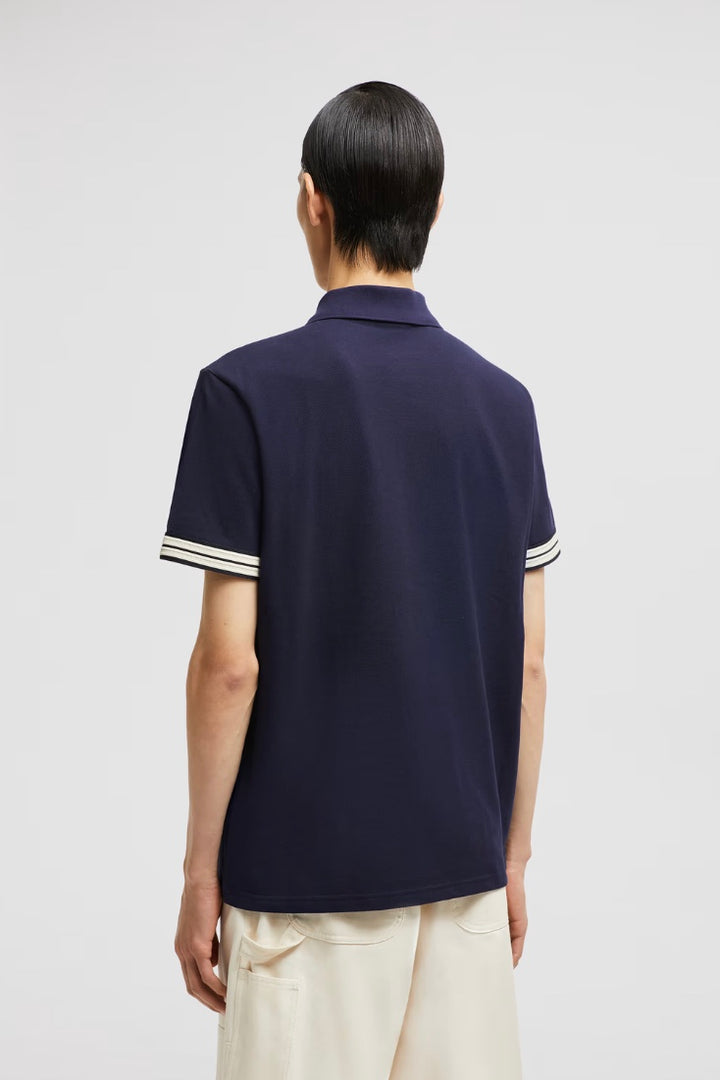 MONCLER Striped Trim Cotton Piquet Polo Shirt Dark Blue - Dale