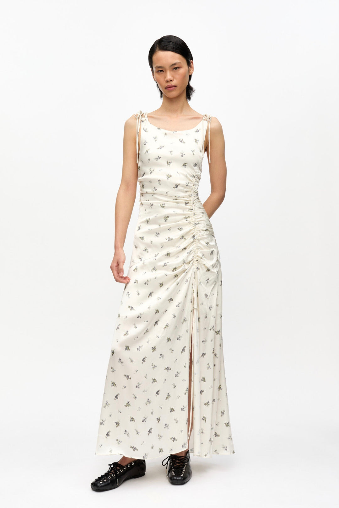 GANNI Printed Satin Gathered Long Dress - Dale