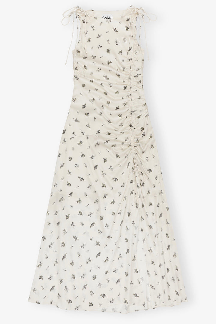 GANNI Printed Satin Gathered Long Dress - Dale