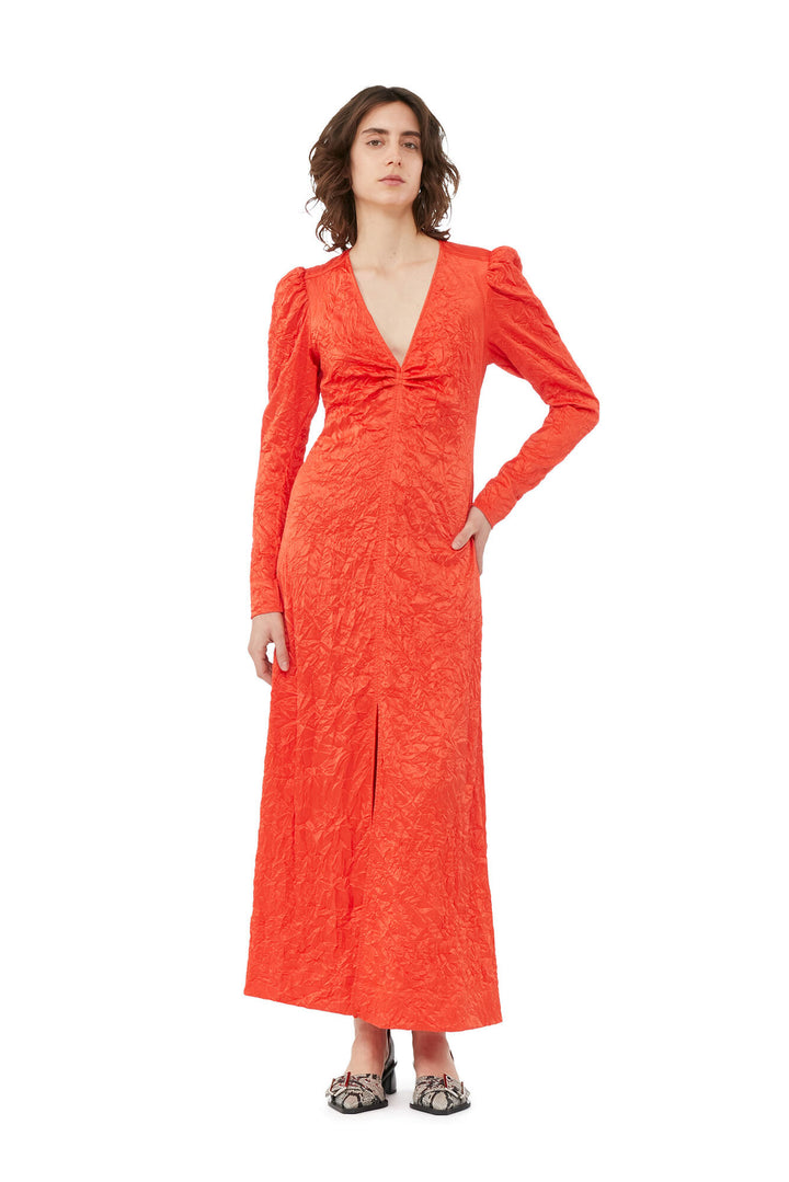 GANNI Crinkled Satin Long Dress - GRENADINE - Dale