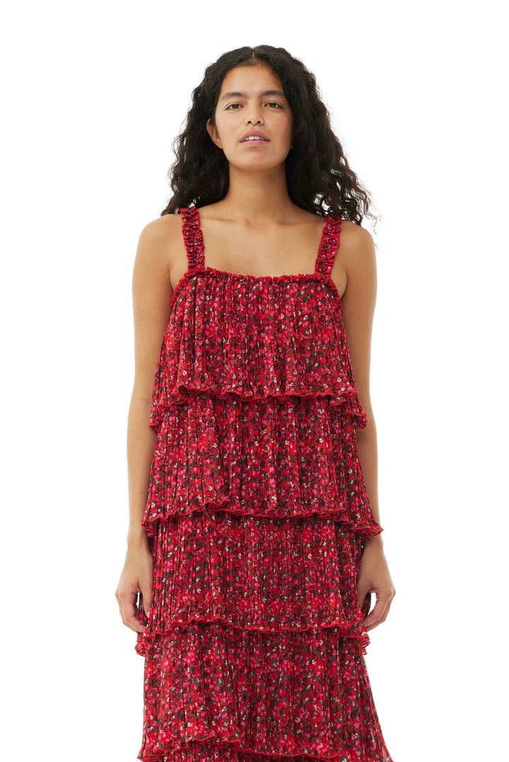 GANNI Pleated Georgette Flounce Strap Midi Dress - Dale