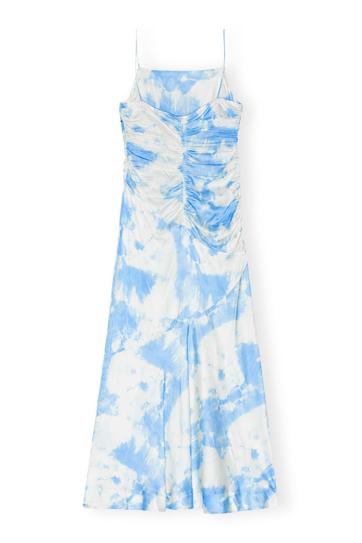 GANNI Printed Satin Ruched Long Slip Dress - Dale
