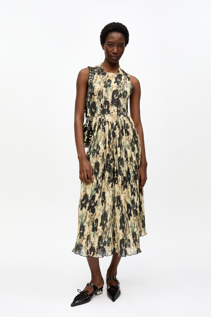 GANNI Printed Pleats Smock Midi Straps Dress - Dale