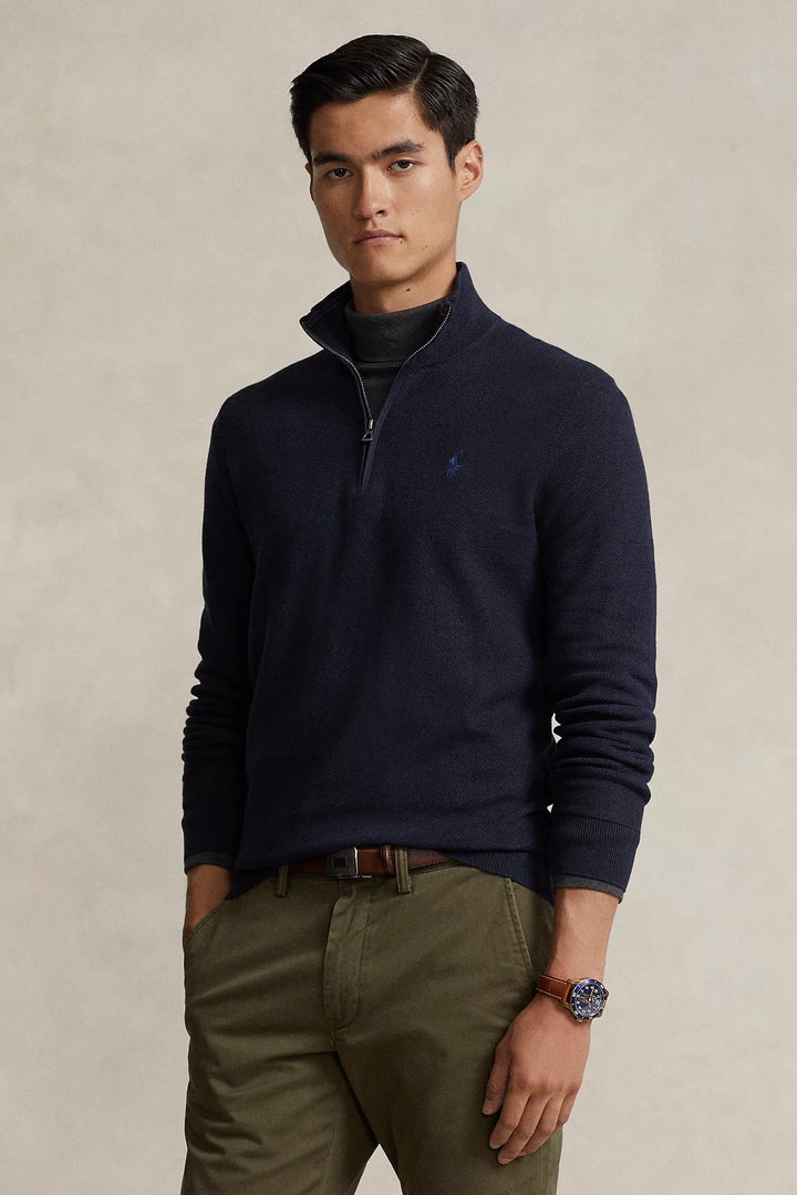 Mesh-Knit Cotton Quarter-Zip Jumper Navy Heather