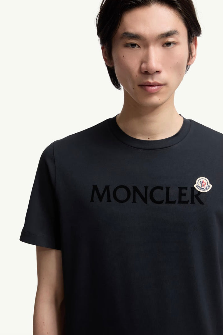 MONCLER Flocked Logo Cotton T-Shirt Night Blue - Dale