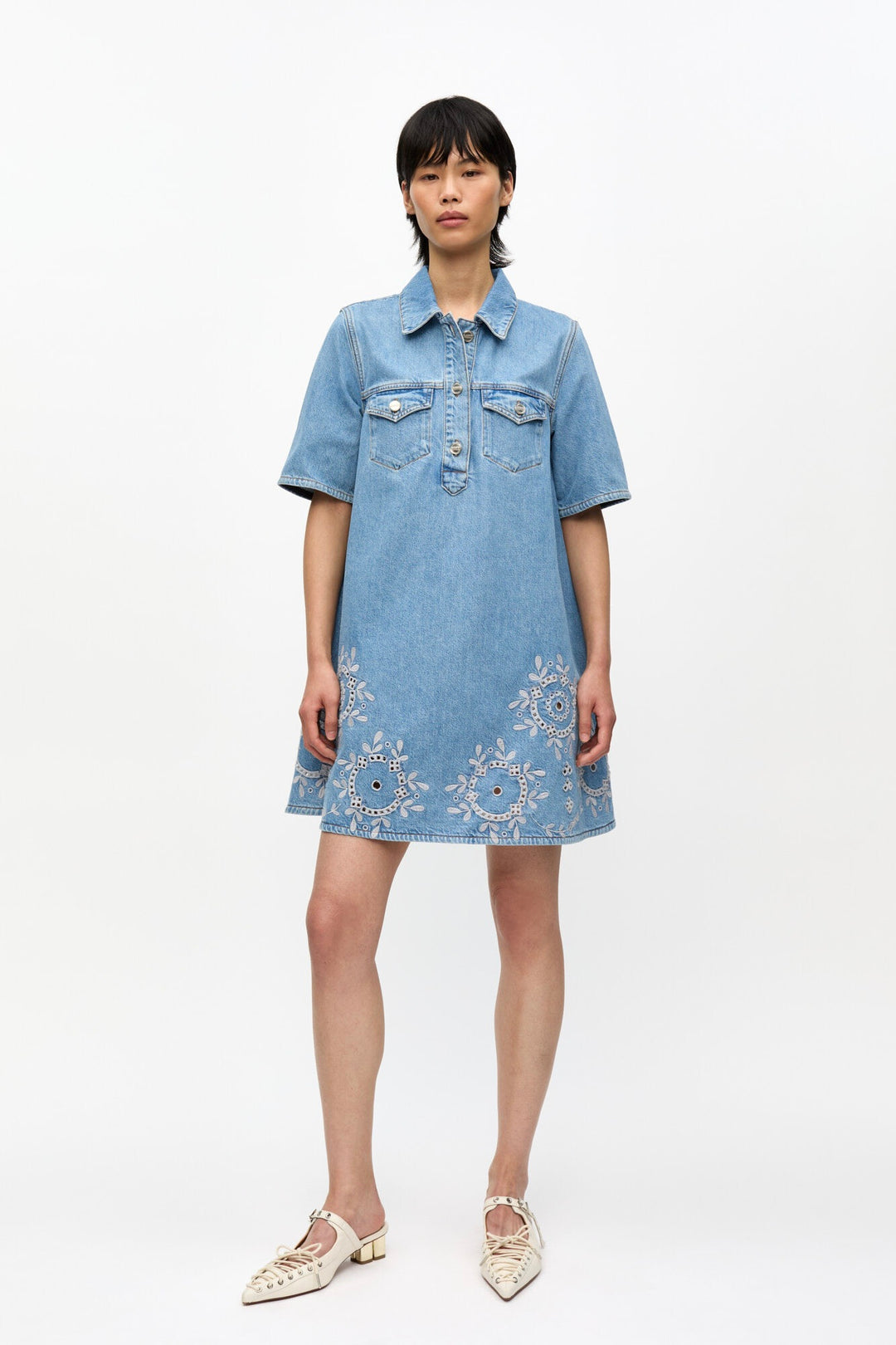 GANNI Broderie Anglaise Denim Mini Dress - Dale
