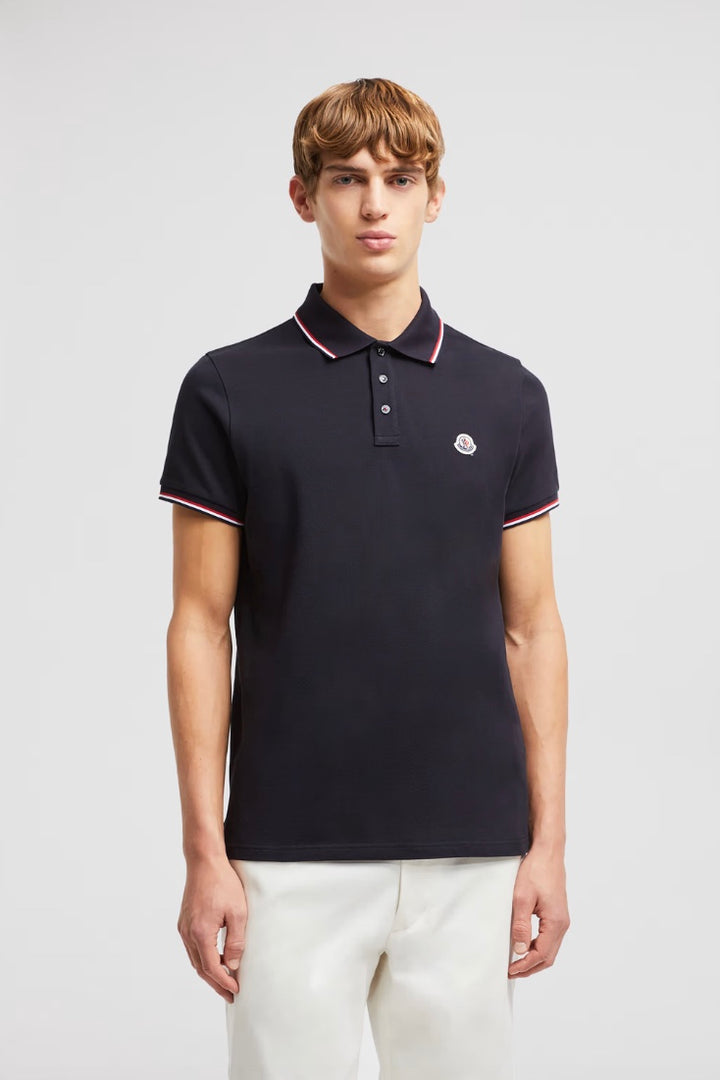 MONCLER Tricolor Trimmed Cotton Piquet Polo Shirt Dark Blue - Dale