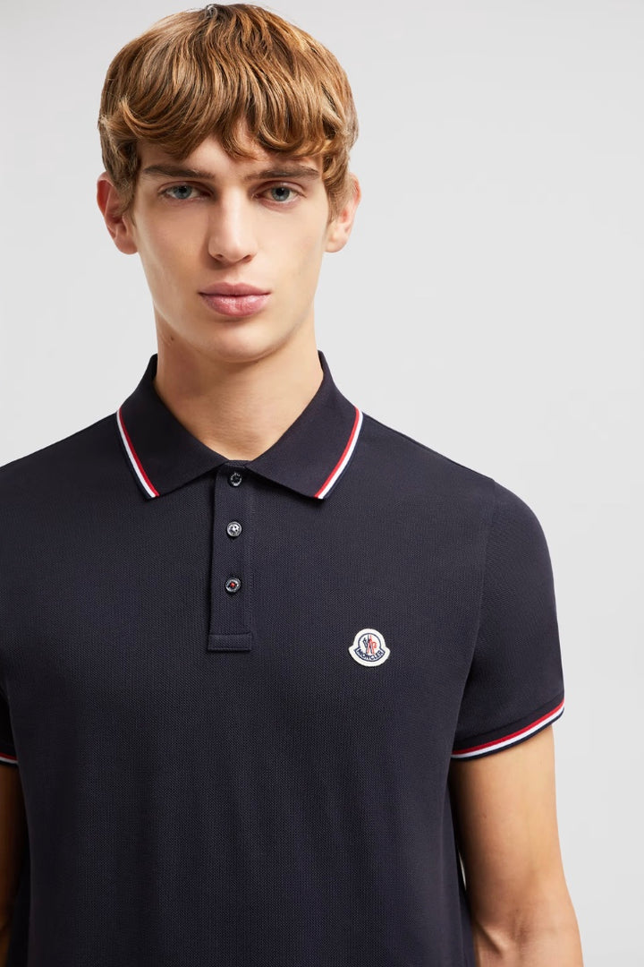 MONCLER Tricolor Trimmed Cotton Piquet Polo Shirt Dark Blue - Dale