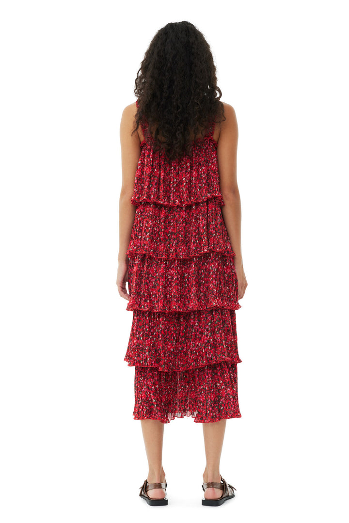 GANNI Pleated Georgette Flounce Strap Midi Dress - Dale