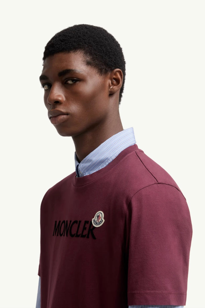 MONCLER Flocked Logo Cotton T-Shirt Burgundy - Dale