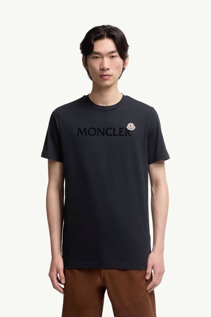 MONCLER Flocked Logo Cotton T-Shirt Night Blue - Dale