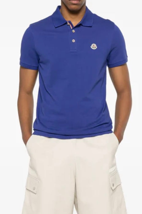 MONCLER Logo Patch Cotton Polo Shirt Blue - Dale