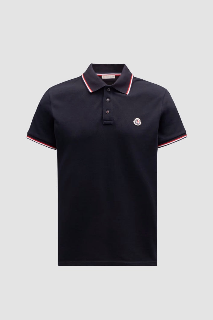 MONCLER Tricolor Trimmed Cotton Piquet Polo Shirt Dark Blue - Dale