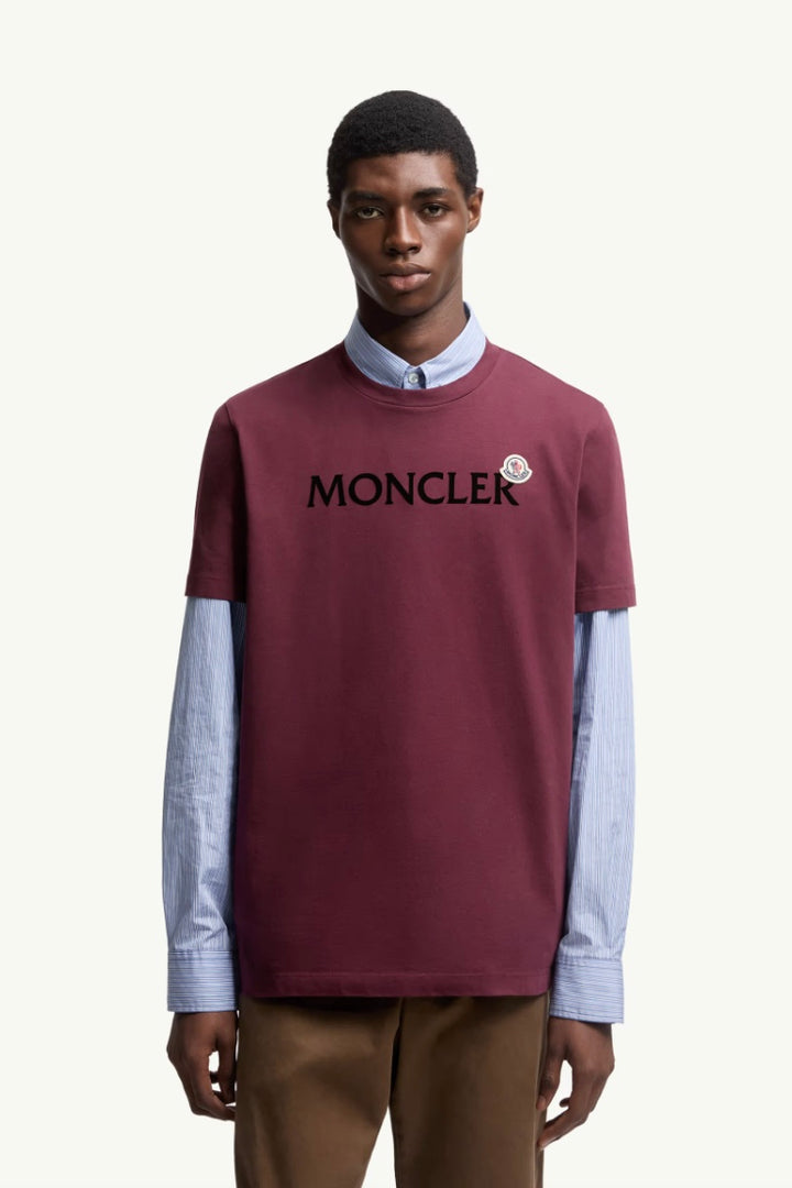 MONCLER Flocked Logo Cotton T-Shirt Burgundy - Dale