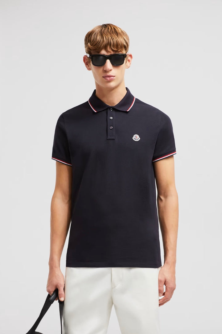 MONCLER Tricolor Trimmed Cotton Piquet Polo Shirt Dark Blue - Dale