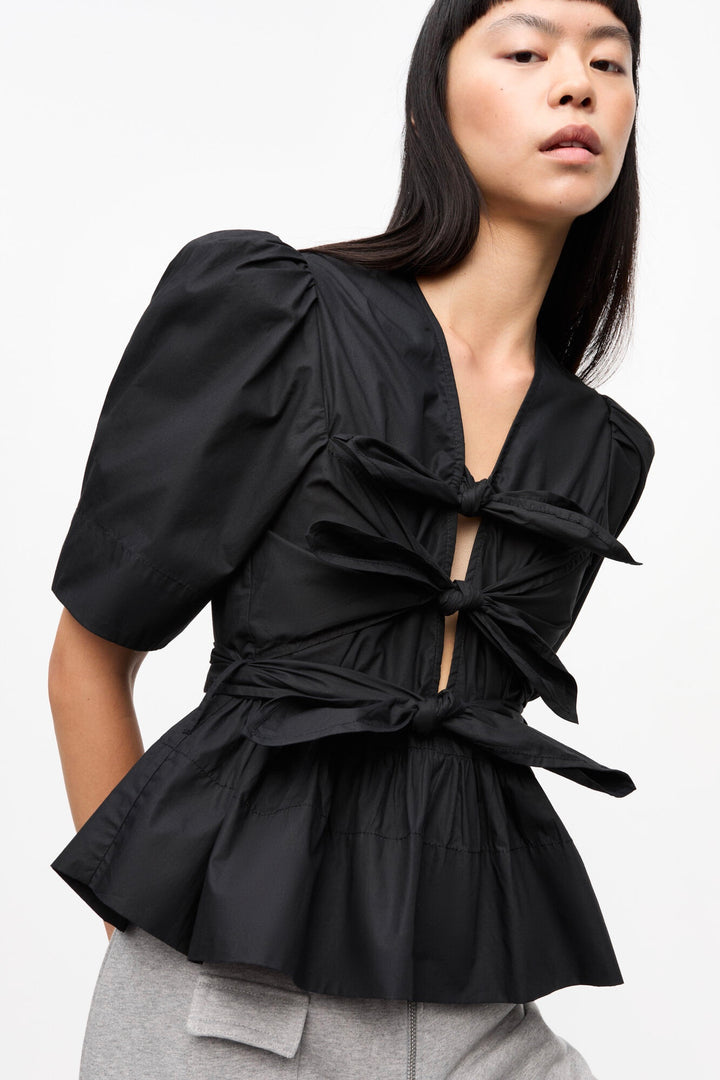 GANNI Washed Stretch Cotton Tie Strap Blouse Black - Dale
