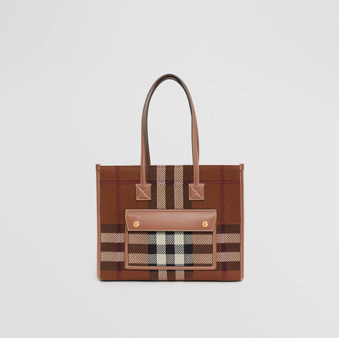 Burberry small check detail leather tote on sale bag