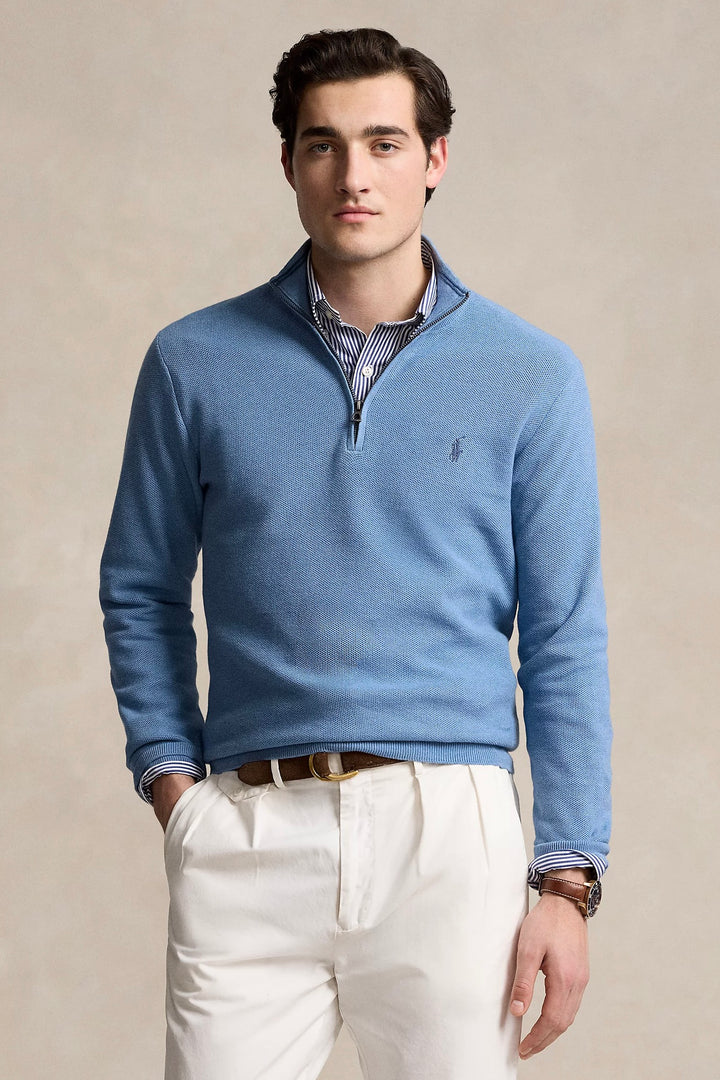 Mesh-Knit Cotton Quarter-Zip Jumper Lake Heather