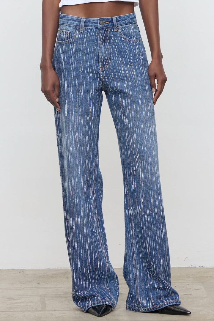 Strass Embellished Wide Leg Jeans Blue