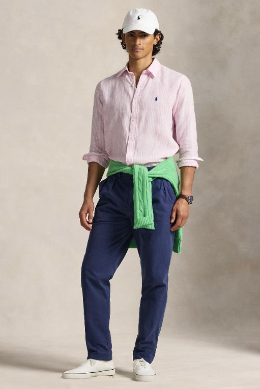 Custom Fit Striped Linen Shirt Pink White