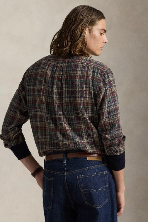 Custom Fit Plaid Brushed Flannel Shirt Wine/Khaki
