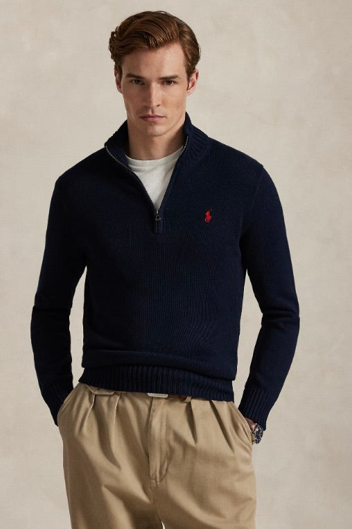Cotton Quarter-Zip Mockneck Jumper Hunter Navy