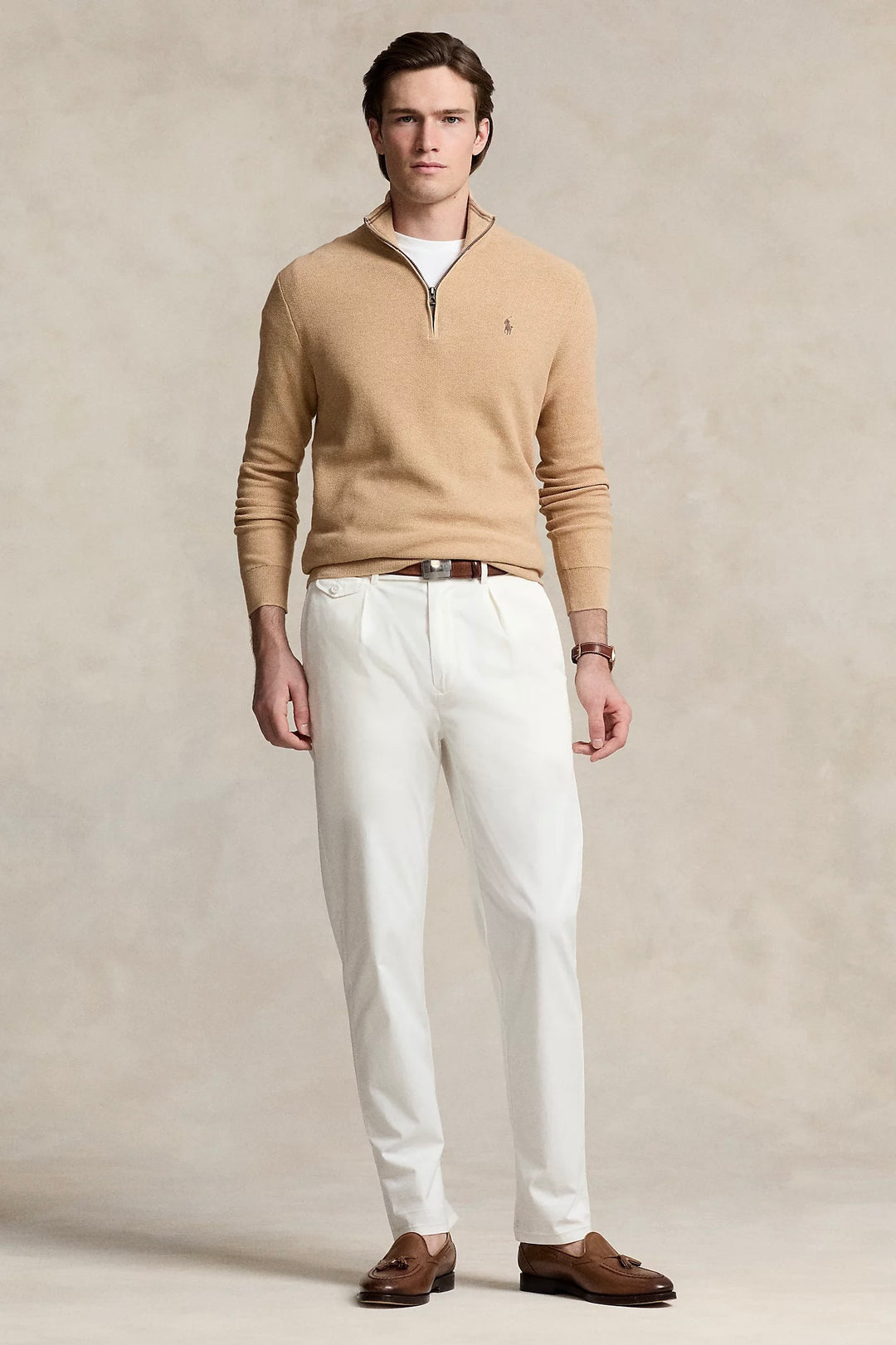 Mesh-Knit Cotton Quarter-Zip Jumper Camel Melange