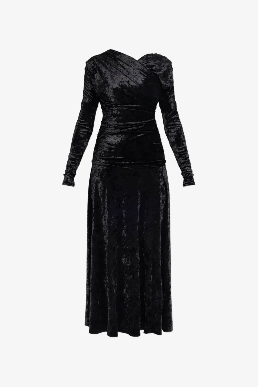 Velour Jersey Ruched Long Dress Black