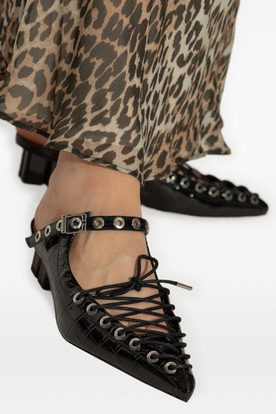 GANNI Eyelets Lace Up Mule Shiny Croco - Dale