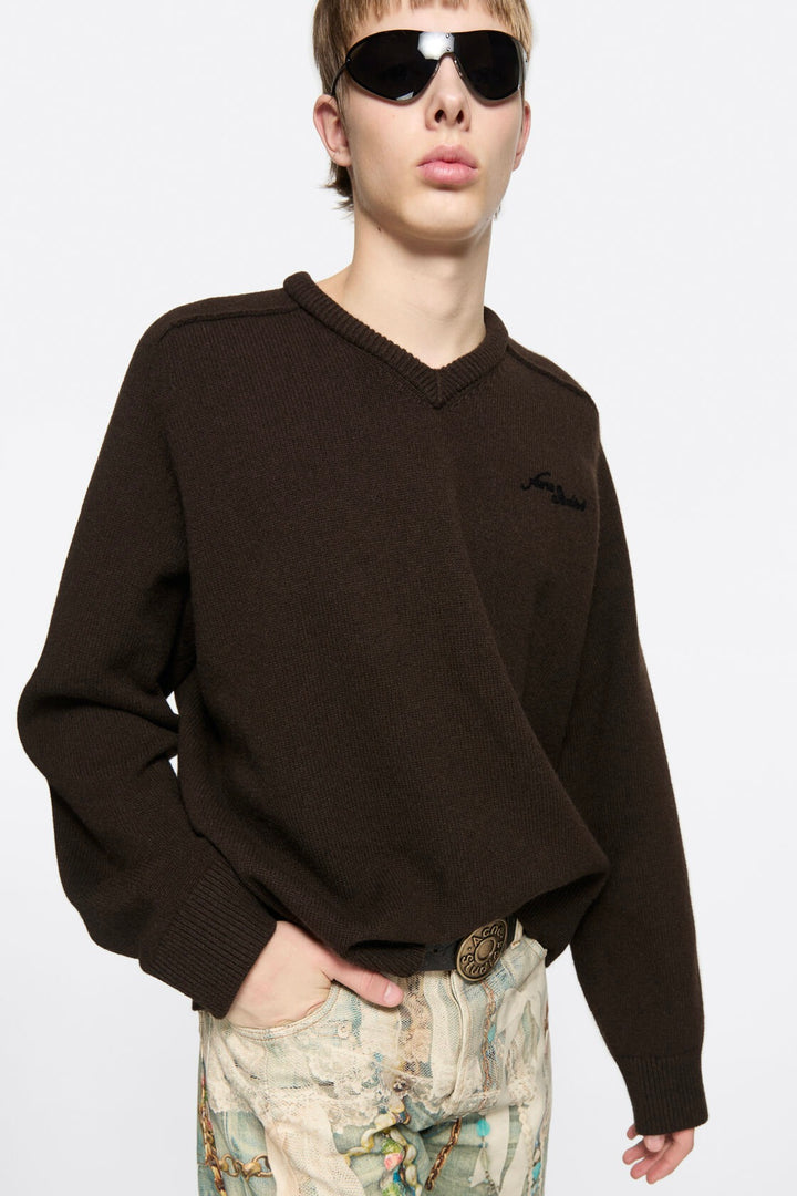 Wool V-Neck Sweater Dark Brown