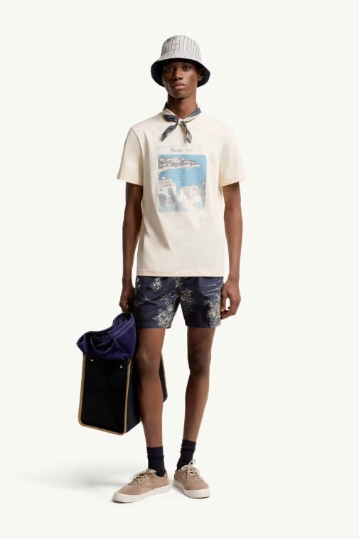 Seaside Print Cotton T-Shirt Open White