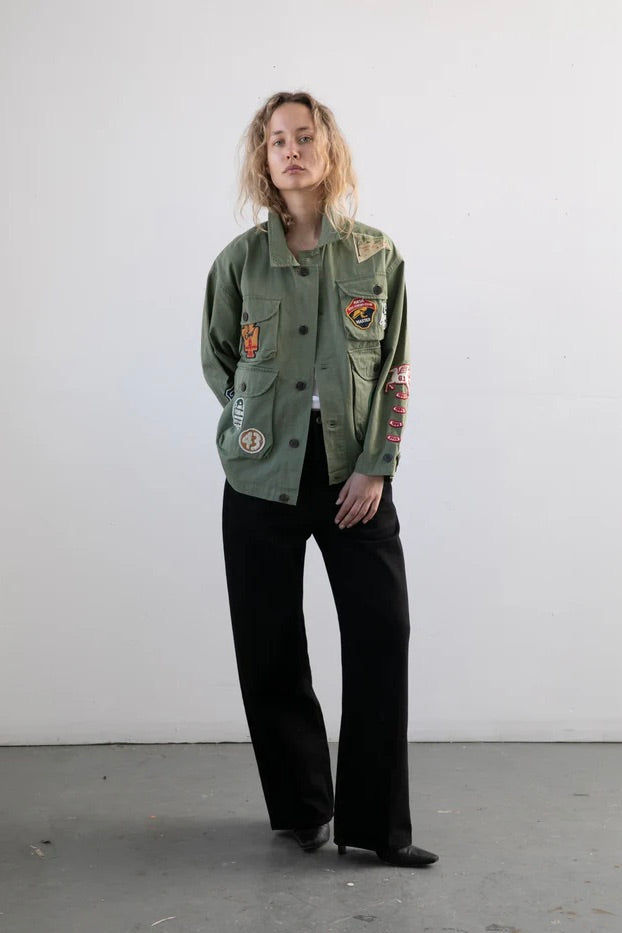 Herringbone Utility Patchwork Jacket Faded Hunter Green