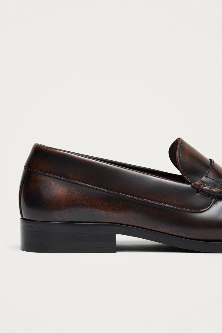 Rivet Brushed Coffee Brown Leather Loafers