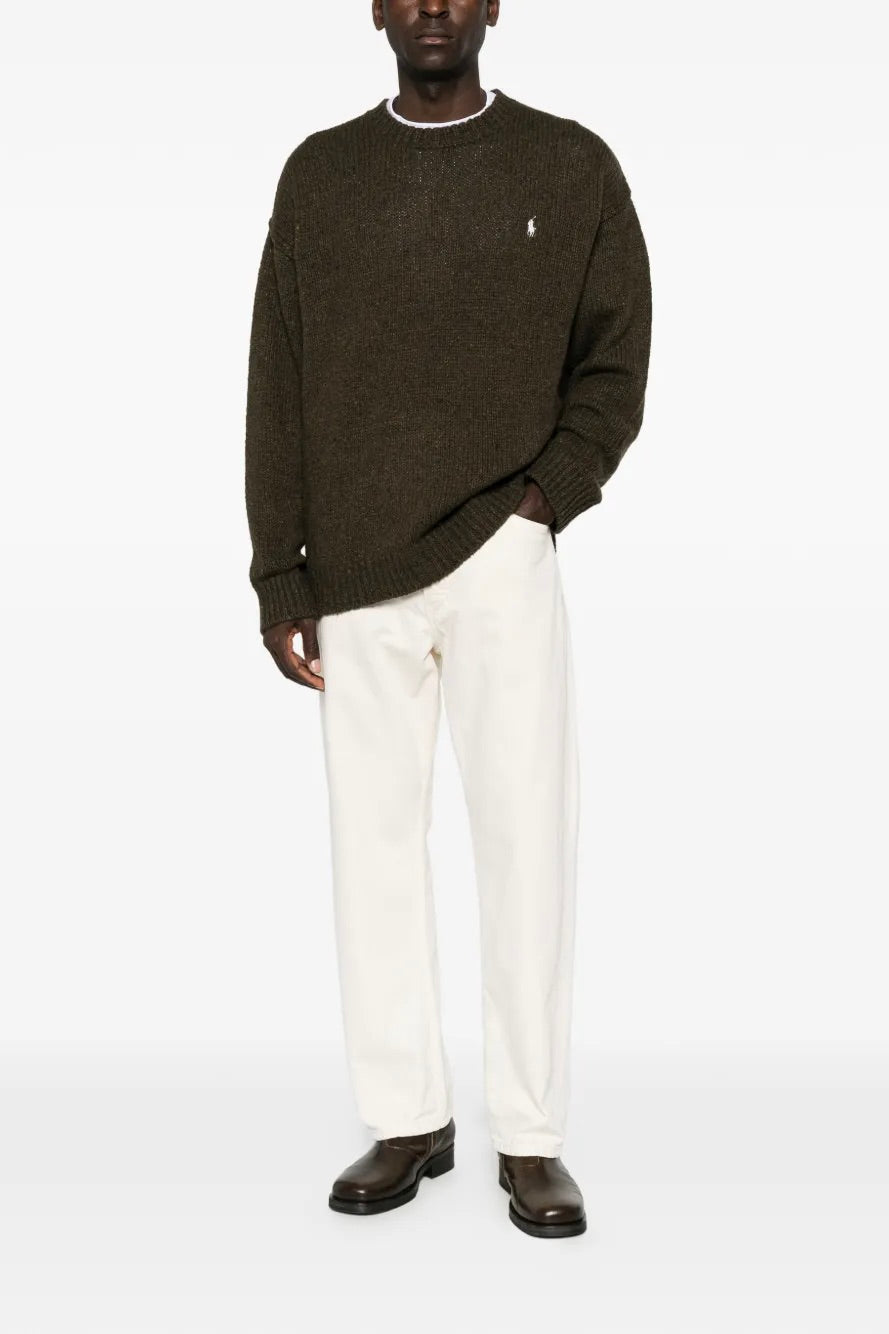 Logo-Embroidered Ribbed-Knit Sweater Olive Brown Marl
