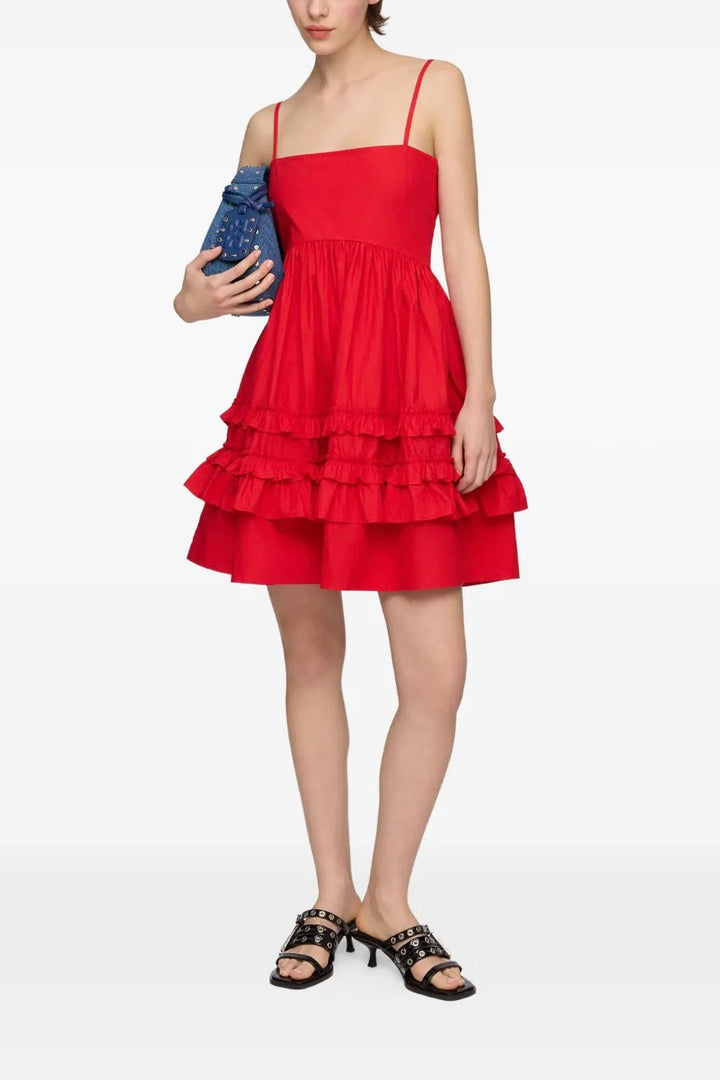 Cotton Poplin Mini Strap Frill Dress Racing Red