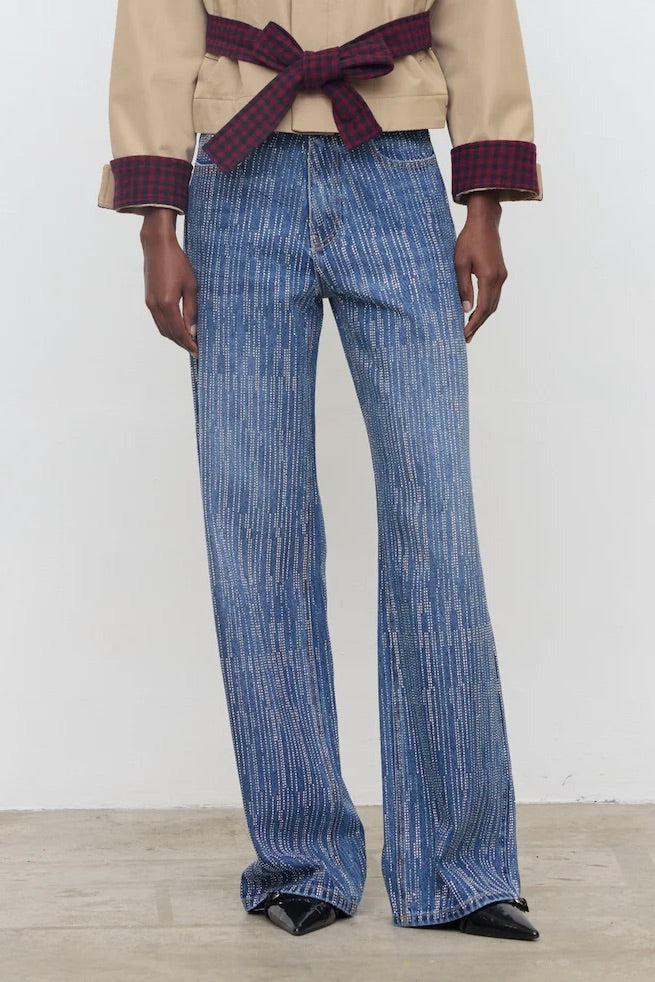 Strass Embellished Wide Leg Jeans Blue