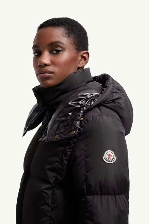 Litte Square-Quilted Hooded Long Down Jacket Black
