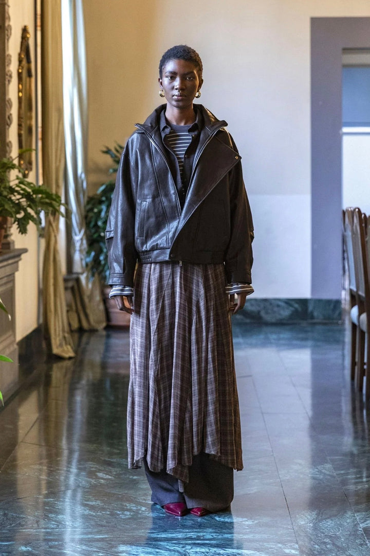 Asymmetric Checked Maxi Skirt Marrone