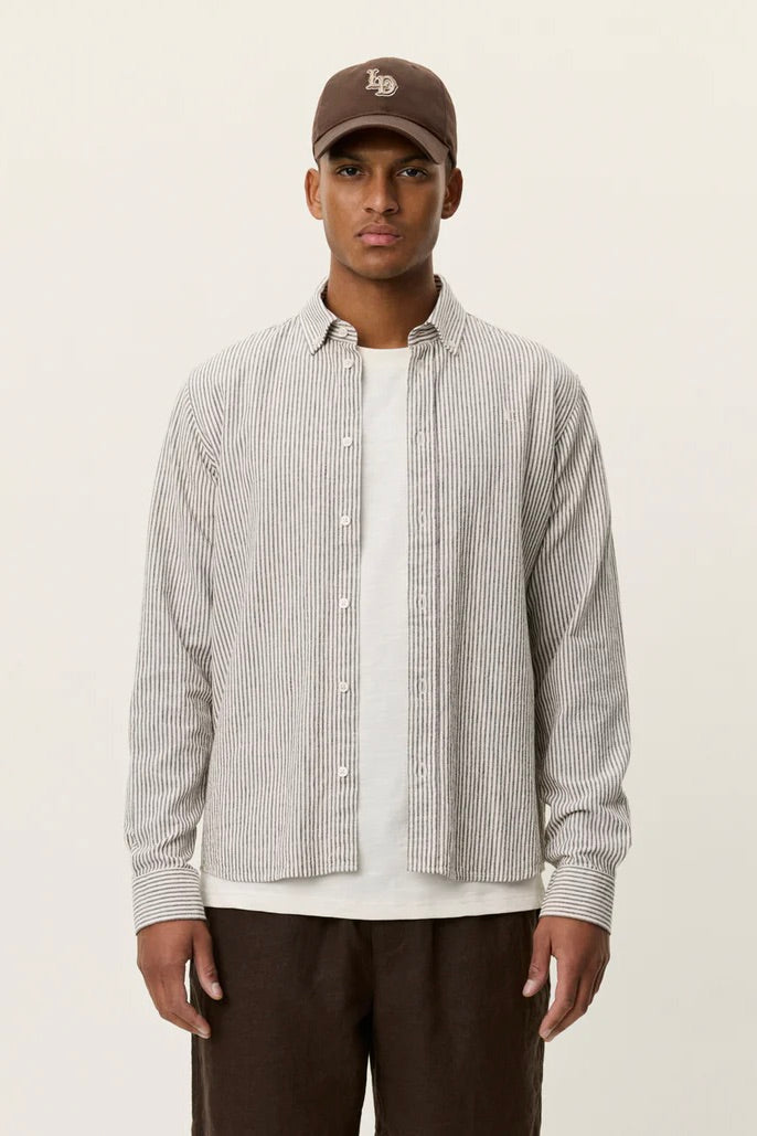 LES DEUX Konrad Stripe Cotton Linen Shirt Teak Brown - Dale