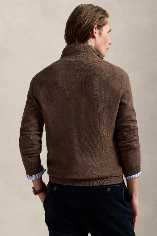 Mesh-Knit Cotton Quarter-Zip Jumper Nutmeg Brown