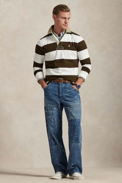 Classic Fit Khaki-Collar Rugby Shirt Dark Brown/Trophy Cream