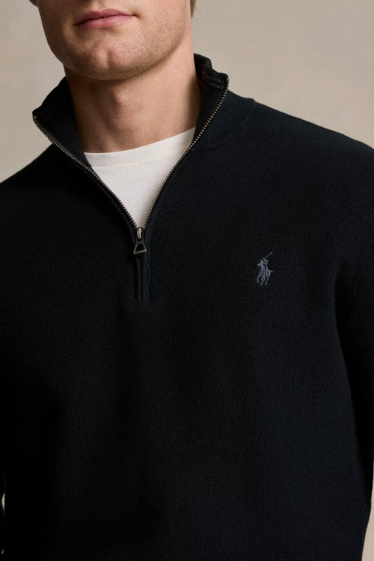 Mesh-Knit Cotton Quarter-Zip Jumper Polo Black