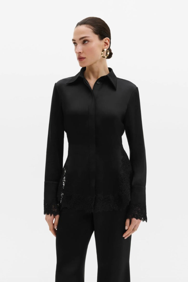 Malou Satin Lace Hem Shirt Black