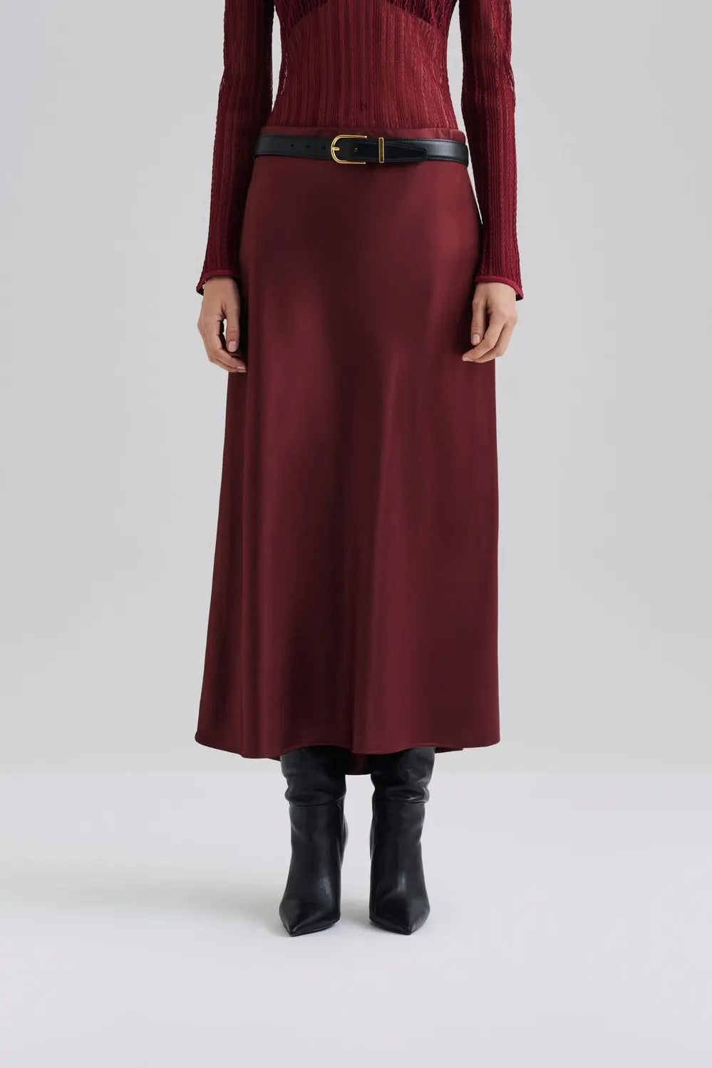 BY MALINA Aubree Satin Midi Skirt Wine - Dale