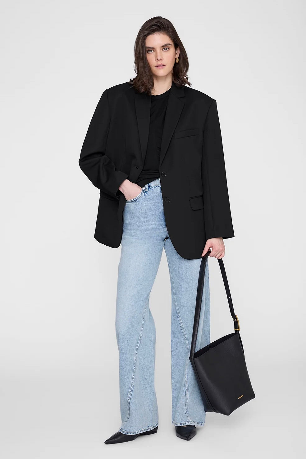 ANINE BING Elly Medium Bucket Bag Grained Leather Black - Dale