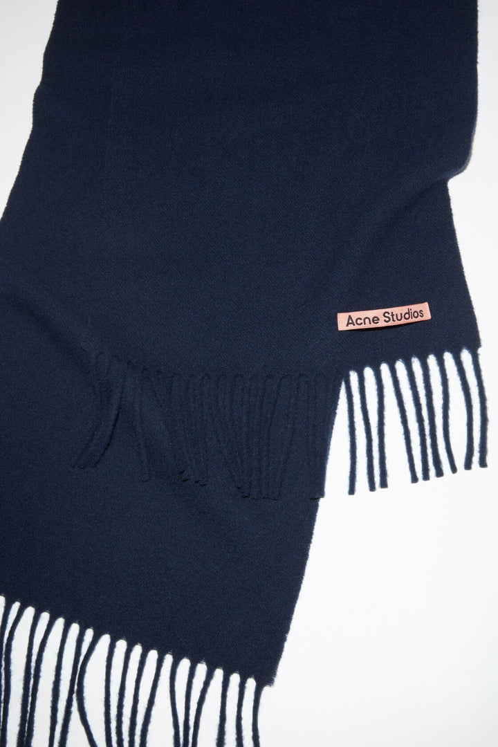 Fringe Wool Scarf Skinny Navy Blue