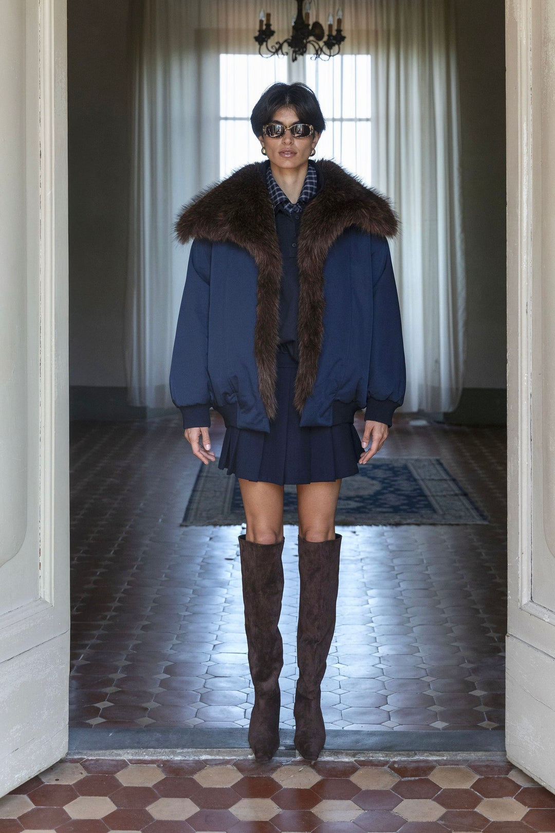 Padded Faux-Fur-Trim Jacket Blue