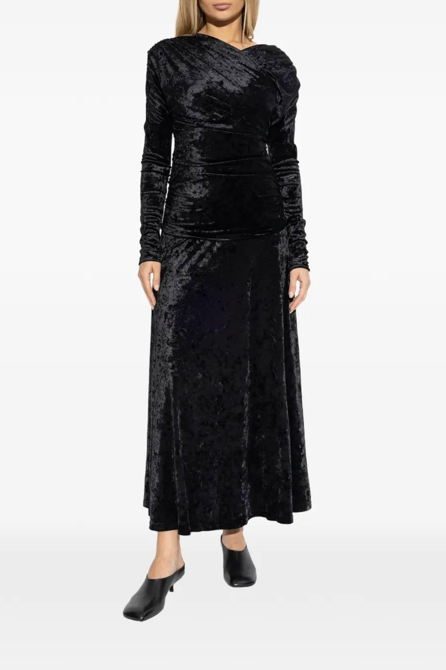 Velour Jersey Ruched Long Dress Black